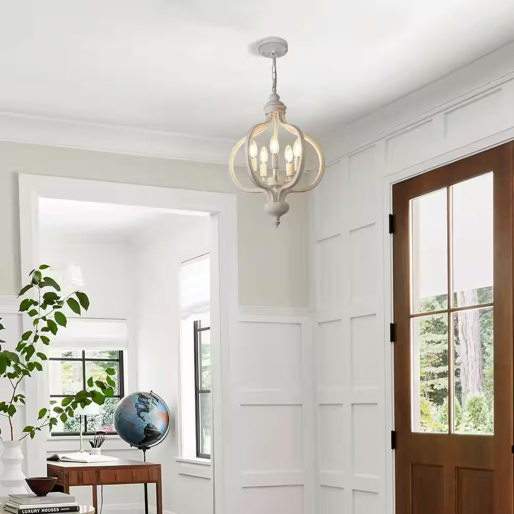 5 - Light Dimmable Antique Distressed White Rustic French Country Chandeliers for Dining Room Kitchen Island