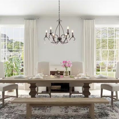 28 In. 6-Light Rusted Bronze Classic Candlestick Chandelier with Crystal Drops Modern Farmhouse Island Pendant