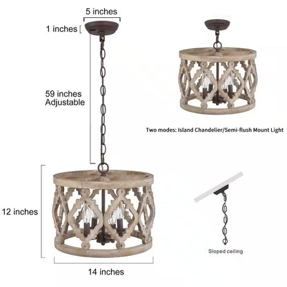 Rustic Bronze Farmhouse Drum Island Chandelier with Solid Wood Cage Shade Classic Candlestick Chandelier 4-Light Pendant