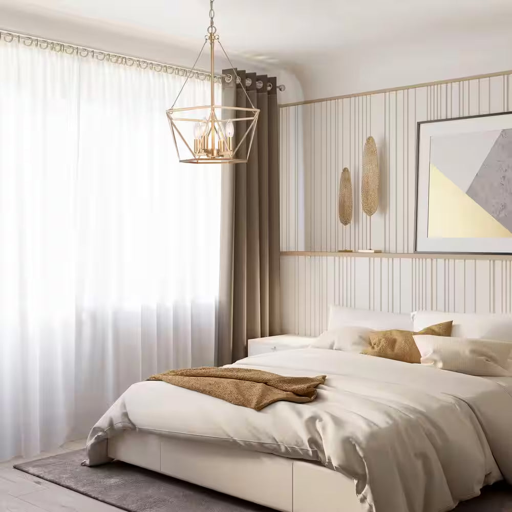 Modern Gold Dining Room Chandelier, 15.7 In. 4-Light Farmhouse Cage Bedroom Chandelier Pendant Light for Kitchen Island