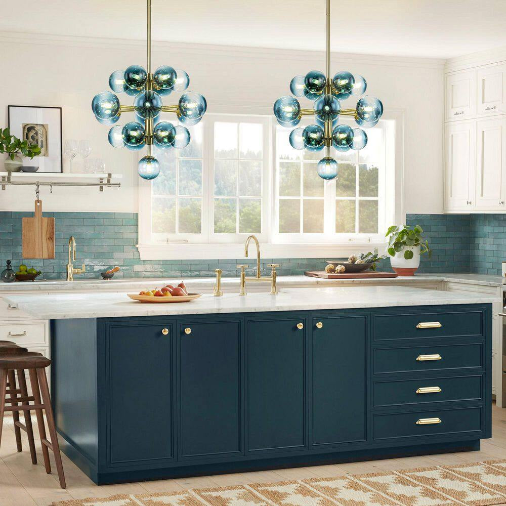 Alex 19-Light Brushed Gold Modern Glam Tiered Cluster Gradient Blue Glass Globe Bubble Chandelier for Dining Room