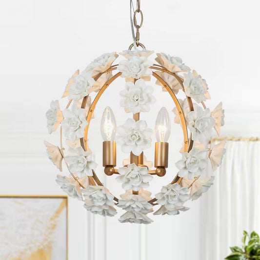 3-Light Gold Globe Chandelier with White Ceramic Flowers