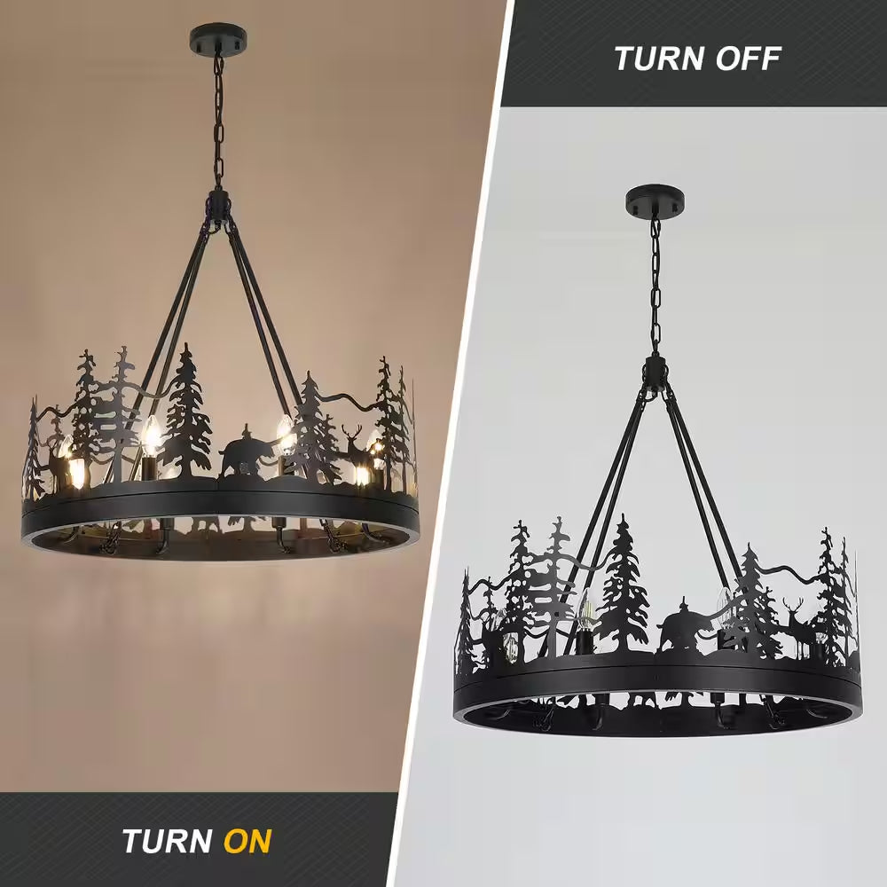 8-Light Black Ambient Rustic Chandelier Wagon Wheel Farmhouse Chandelier for Dining Living Room Foyer