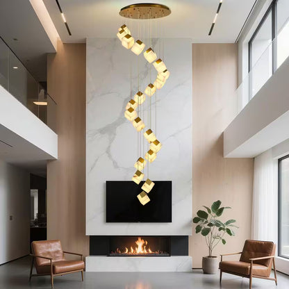 138 In. 20 Light Gold Dimmable Alabaster Cluster Chandelier Haning Pendant for Staircase with Alabaster Shade