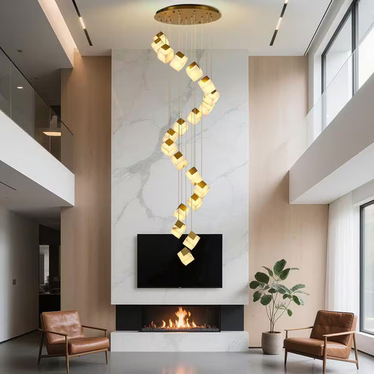 138 In. 20 Light Gold Dimmable Alabaster Cluster Chandelier Haning Pendant for Staircase with Alabaster Shade