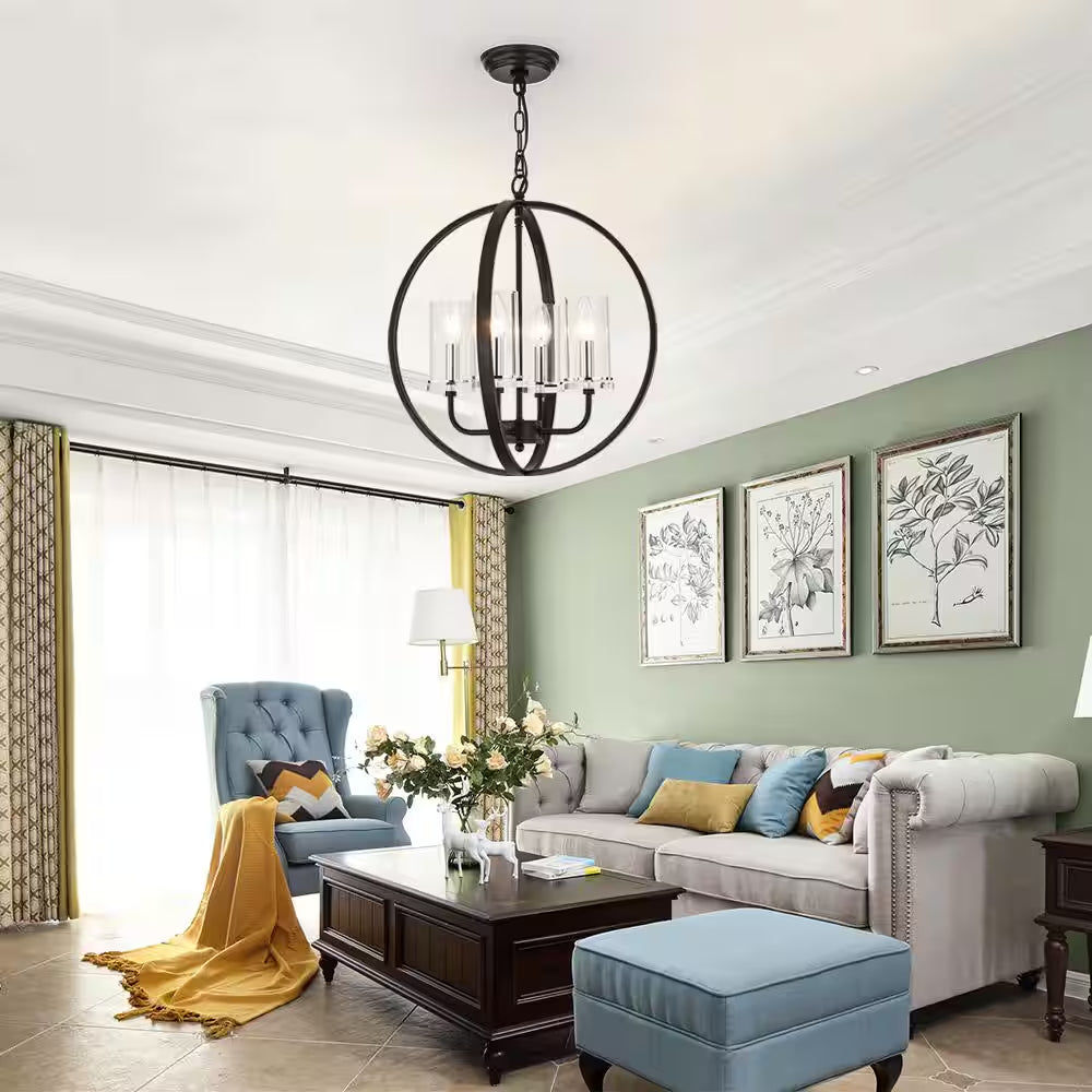 Springfield 4 -Light Shaded Globe Black Chandelier with Wrought Iron Accents
