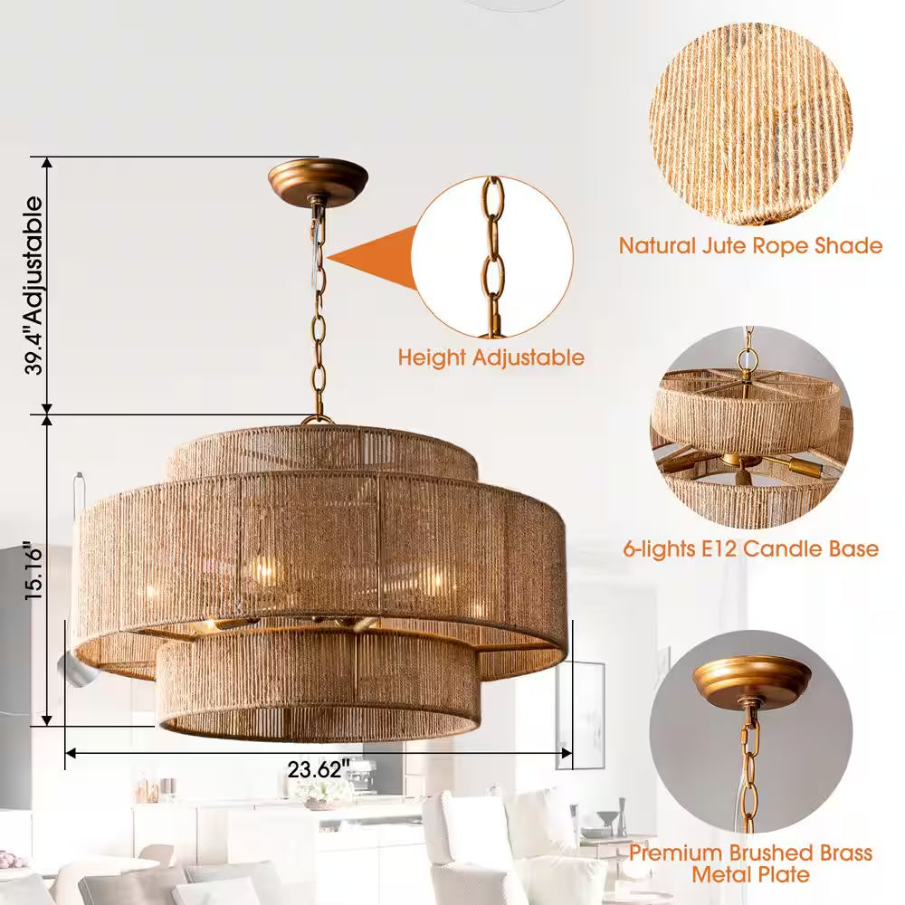 Farmhouse 6-Light Gold 2-Tiered Chandelier with Woven Rope Shade for Living Room Bedroom Dining Room
