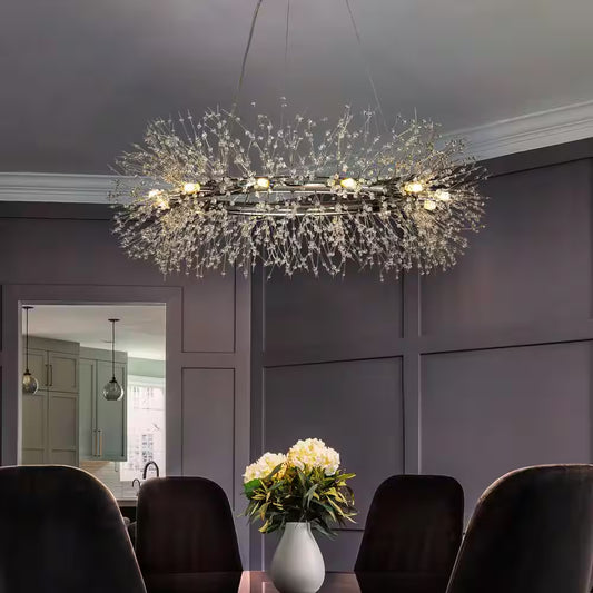 39 In. 12-Light Modern Firework Chrome Crystal Chandelier Glam round Pendant Light for Dining Room (No Bulbs Included)