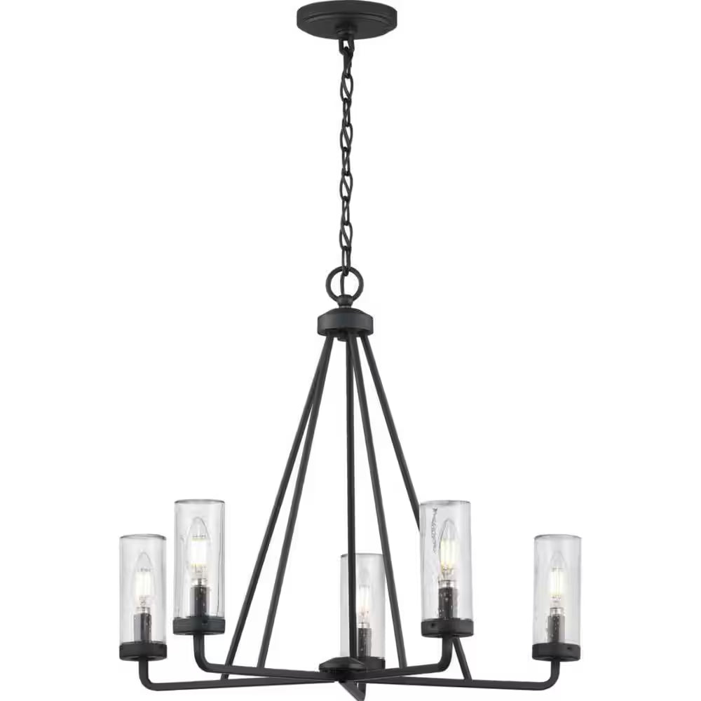 Bainbridge 24 In. 5-Light Black Outdoor Urban Industrial Chandelier with Clear Seeded Glass Shades