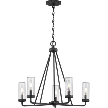 Bainbridge 24 In. 5-Light Black Outdoor Urban Industrial Chandelier with Clear Seeded Glass Shades