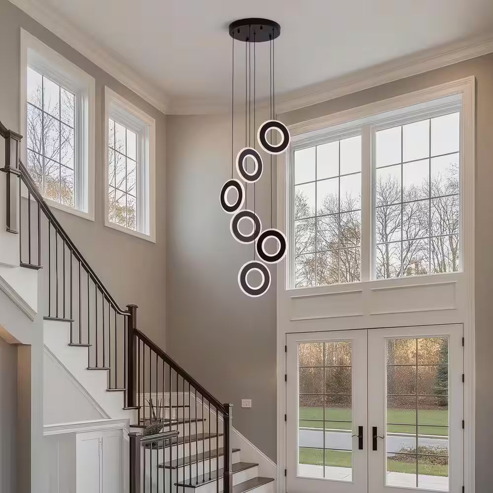 Modern 6-Light Dimmable Integrated LED Black Chandelier High Ceiling Ring Chandelier for Staircase Foyer Dining Room