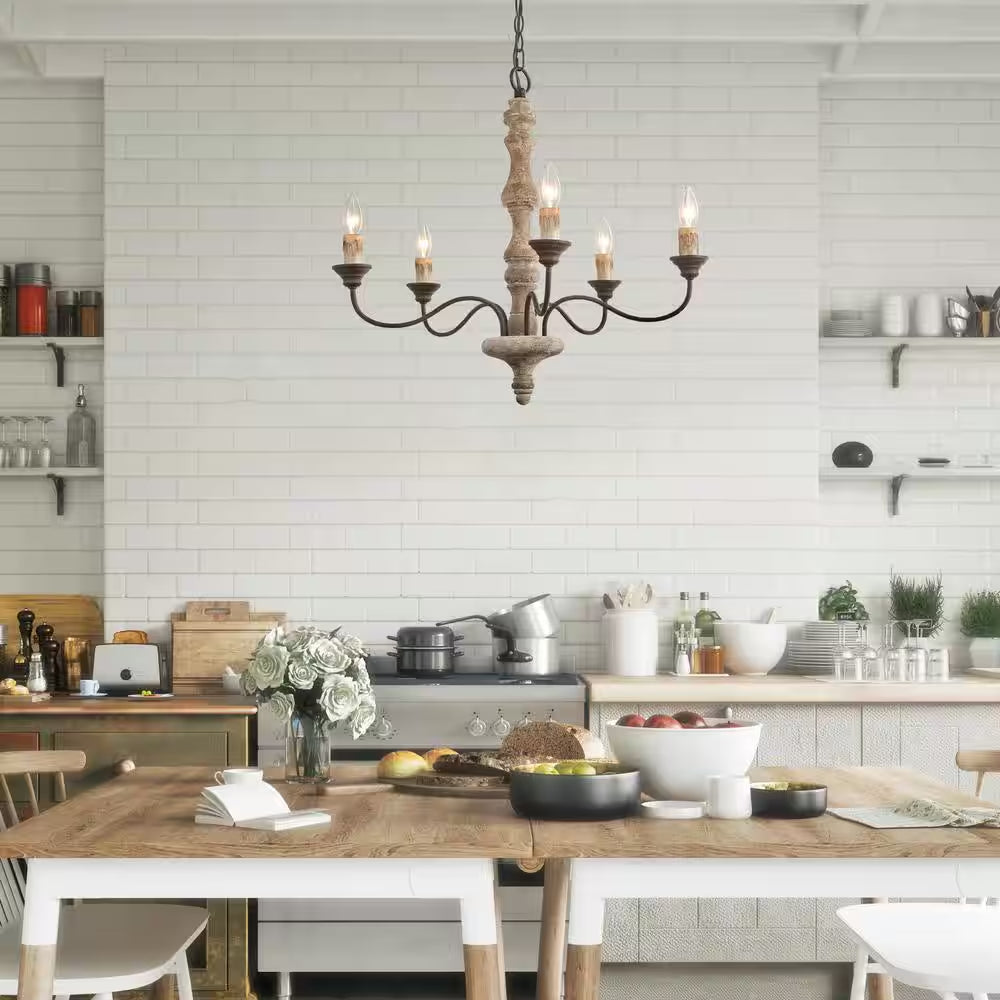 Wood Candle Chandelier 5-Light Weathered White Dining Room Chandelier Bronze Rustic Chandelier with French Country Style