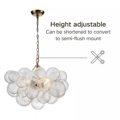 Neuvy 3-Light 23.6 In. W Brass Chandelier with Swirled-Glass Orb Cluster Bubble Ribbed Glass Chandelier for Living Room