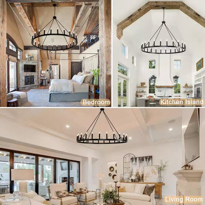 Black Wagon Wheel Chandelier 24-Lights, Large Farmhouse round Outdoor Chandelier