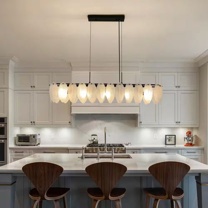 5-Light Black and Frosted Glass Leaf Linear Chandelier for Kitchen Island Dining Bedroom Living Room Foyer