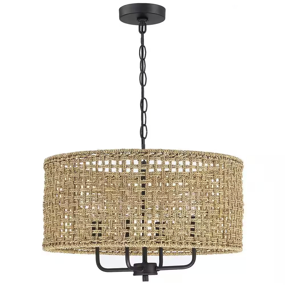 Cape 20 In. 4-Light Bohemian Drum Chandelier with Straw Hand Woven Shade