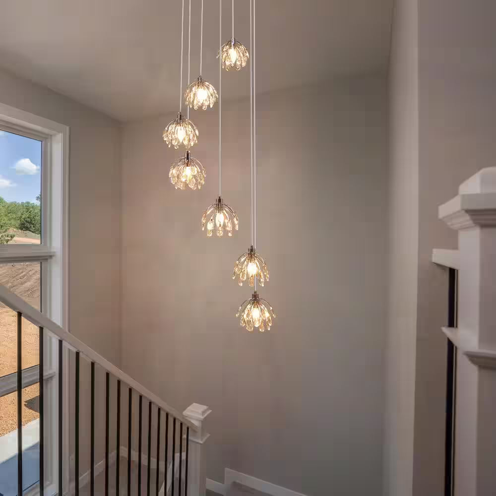 Adelman 7-Light Dimmable Modern Chrome Crystal Chandelier for Stairs Foyer High Ceiling Living Room