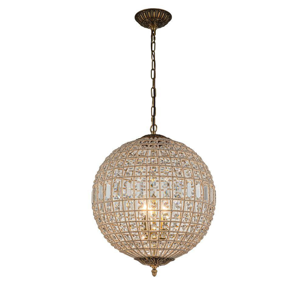 3-Light 18 In. Handcrafted Crystal Chandelier in Antique Gold Vintage French Globe Pendant Light with K9 Crystal Beads