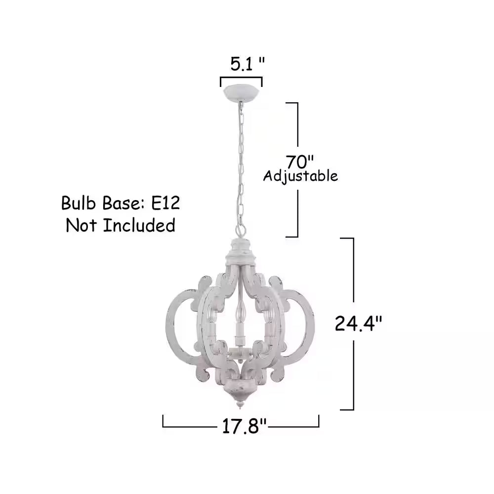6-Light Distressed White Cottage Chic Crown Chandelier with Farmhouse Wooden Pendant
