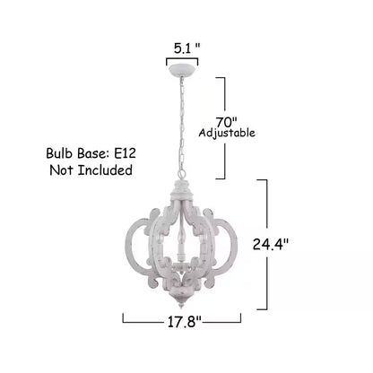 6-Light Distressed White Cottage Chic Crown Chandelier with Farmhouse Wooden Pendant