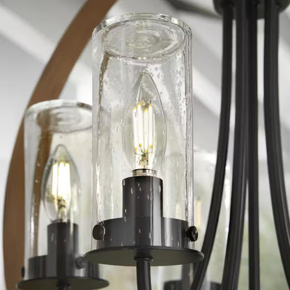 Ellena 5-Light Matte Black and Maple Tone Outdoor Chandelier with Seedy Glass