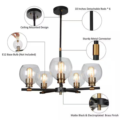 Transitional Sputnik Dining Room Chandelier 5-Light Modern Black and Gold Candle Chandelier with Seeded Glass Shades