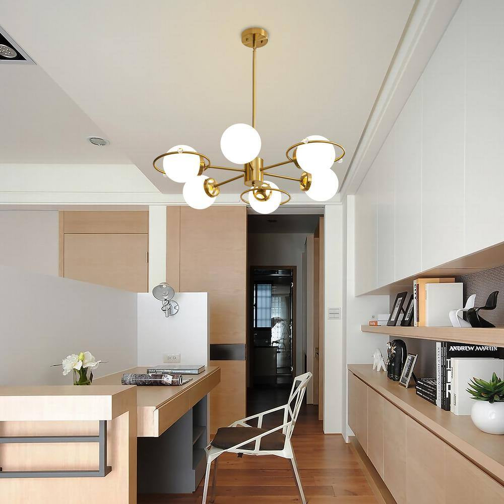 Modern 6-Light Gold Sputnik Chandeliers with Milk White Glass Shade and Height Adjustable, Bulbs Not Included