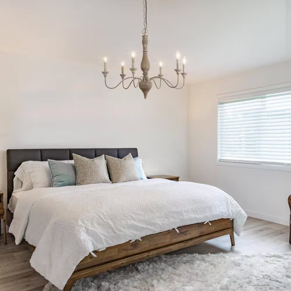 6-Light Rustic Farmhouse Wood Chandelier 29.5 In. W with Antique White French Country Accents and Classic Candle Style