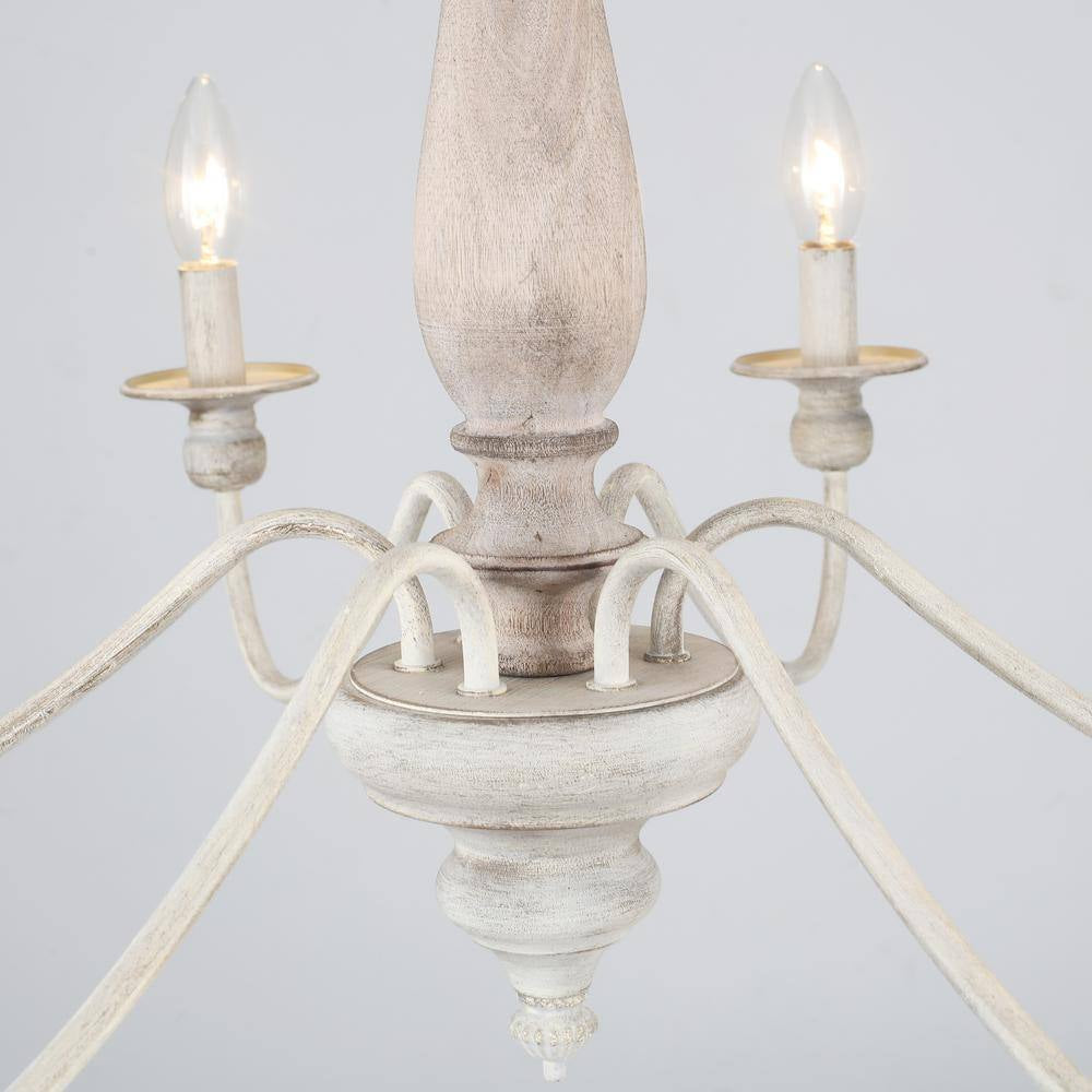 6-Light Vintage Beige Farmhouse Wood Candle Chandelier French Country Style Pendant Light