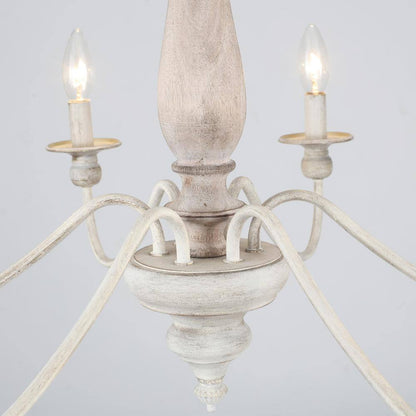 6-Light Vintage Beige Farmhouse Wood Candle Chandelier French Country Style Pendant Light