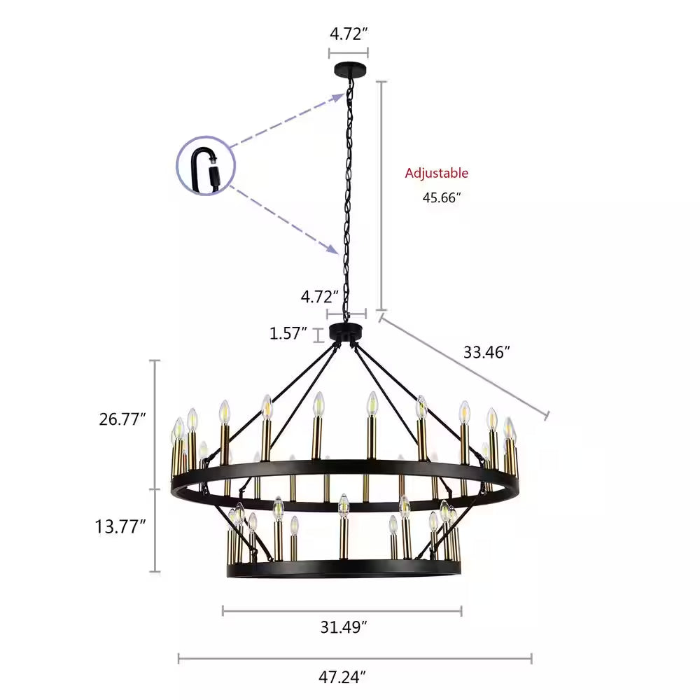47.24 In. 36-Light round Black Wagon Wheel Chandelier Large Farmhouse 2-Tier Chandeliers