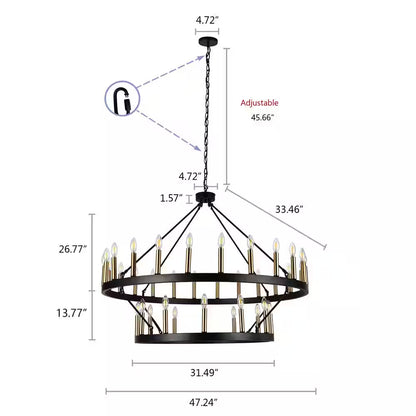 47.24 In. 36-Light round Black Wagon Wheel Chandelier Large Farmhouse 2-Tier Chandeliers