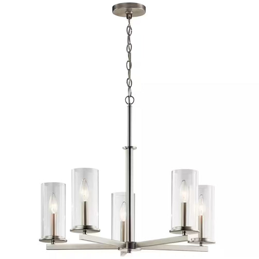 Crosby 26.25 In. 5-Light Brushed Nickel Contemporary Candlestick Cylinder Chandelier for Dining Room