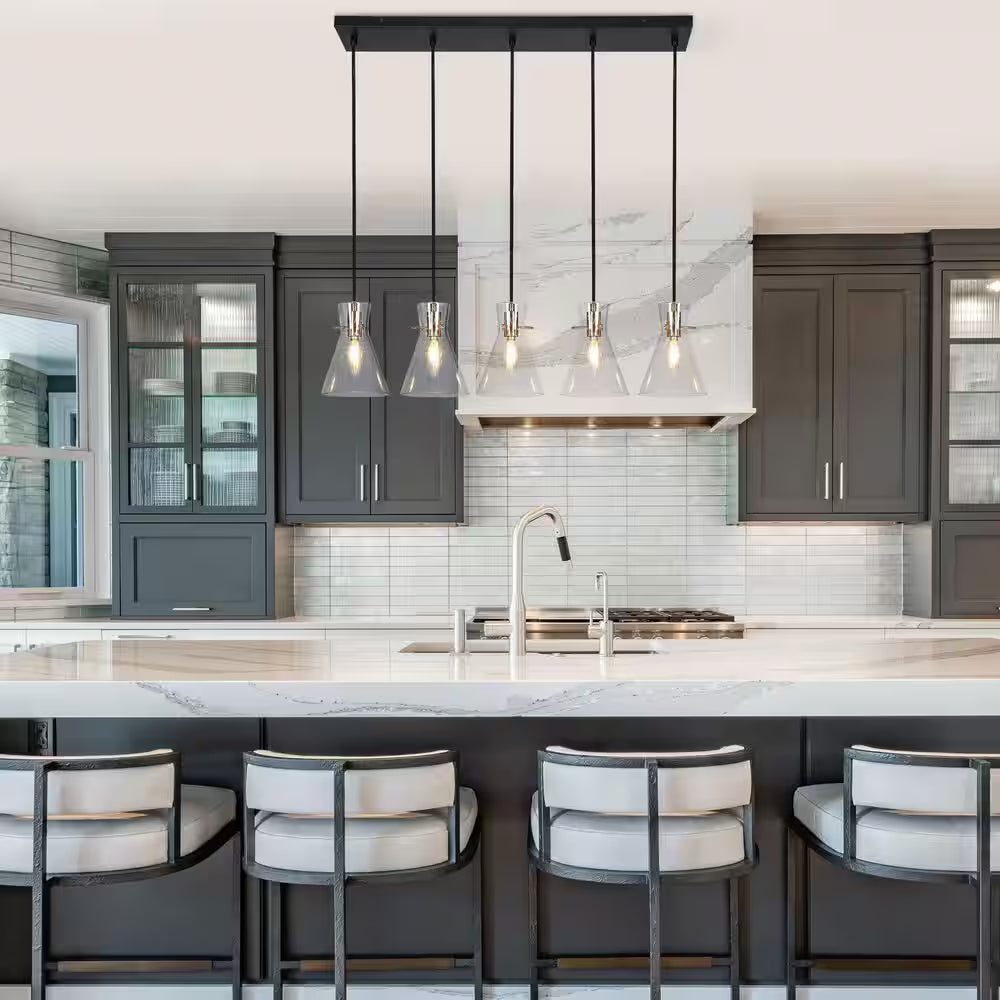Farmhouse Black Kitchen Chandelier, 33 In. 5-Light Plated Gold Transitional Island Seeded Pendant Light for Dining Room