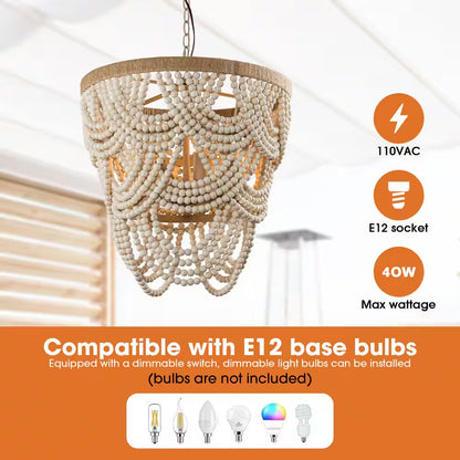 Hatfield 4-Light Bohemia Style Natural Wood Beaded Tiered Chandelier with Rope Accents
