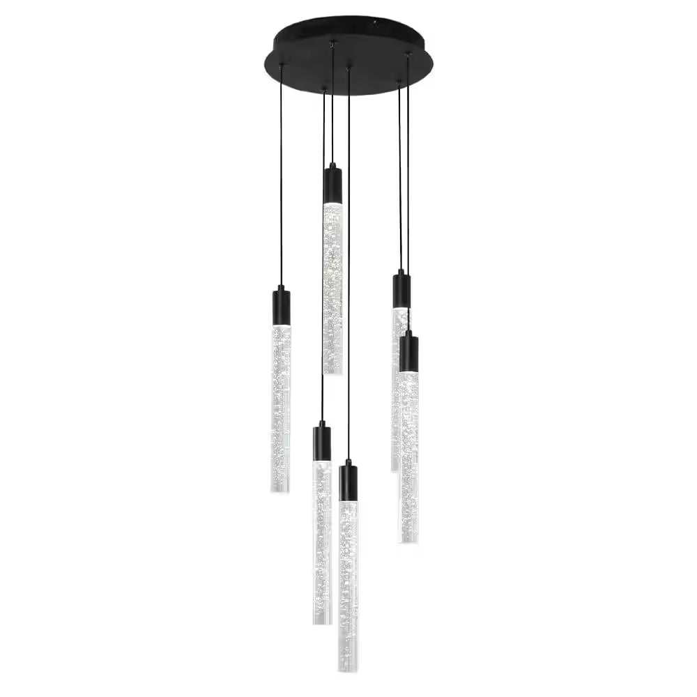 6-Light Dimmable Integrated LED Black Crystal Chandelier for Stairs Dining Room Hallway
