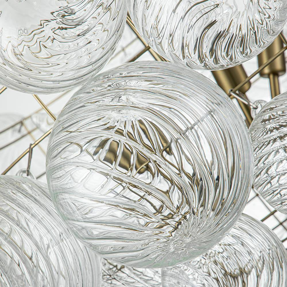 Neuvy 3-Light 23.6 In. W Brass Chandelier with Swirled-Glass Orb Cluster Bubble Ribbed Glass Chandelier for Living Room