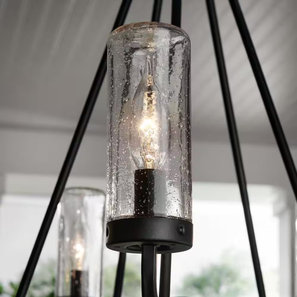 Bainbridge 24 In. 5-Light Black Outdoor Urban Industrial Chandelier with Clear Seeded Glass Shades