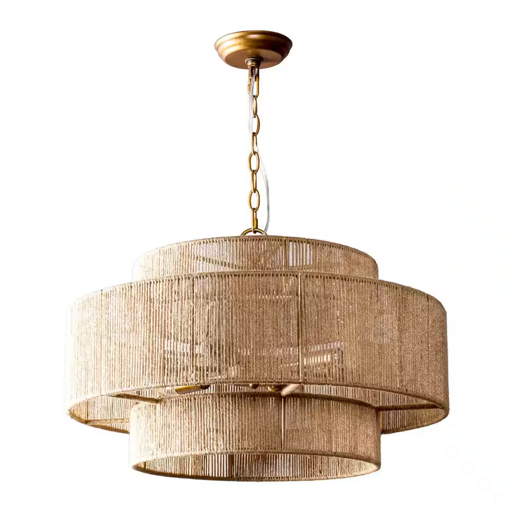 Farmhouse 6-Light Gold 2-Tiered Chandelier with Woven Rope Shade for Living Room Bedroom Dining Room