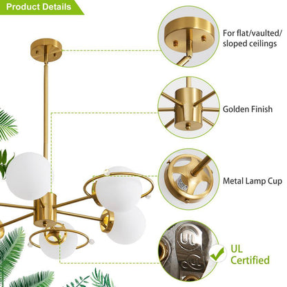 Modern 6-Light Gold Sputnik Chandeliers with Milk White Glass Shade and Height Adjustable, Bulbs Not Included