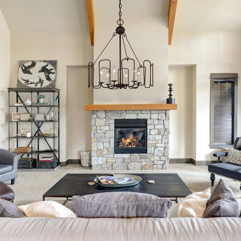 Rustic Brown Drum Dining Room Chandelier, 6-Light Cottage Wagon Wheel Living Room Kitchen Island Chandelier
