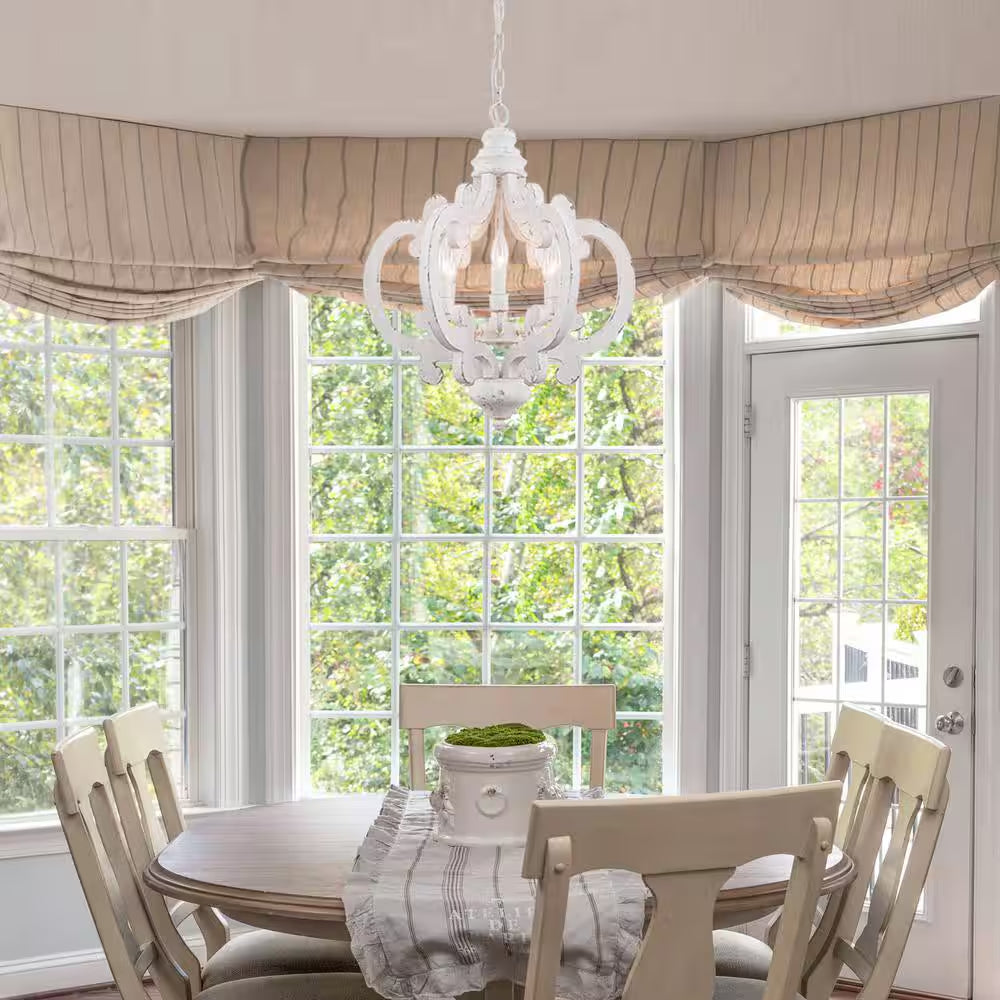 Voitto Cottage Chic Crown 6-Light Distressed White Wood Chandelier with Farmhouse Wooden Pendant