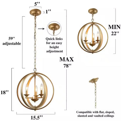 Modern Chandelier Pendant Light 3-Light Gold Globe Cage Dining Room Chandelier