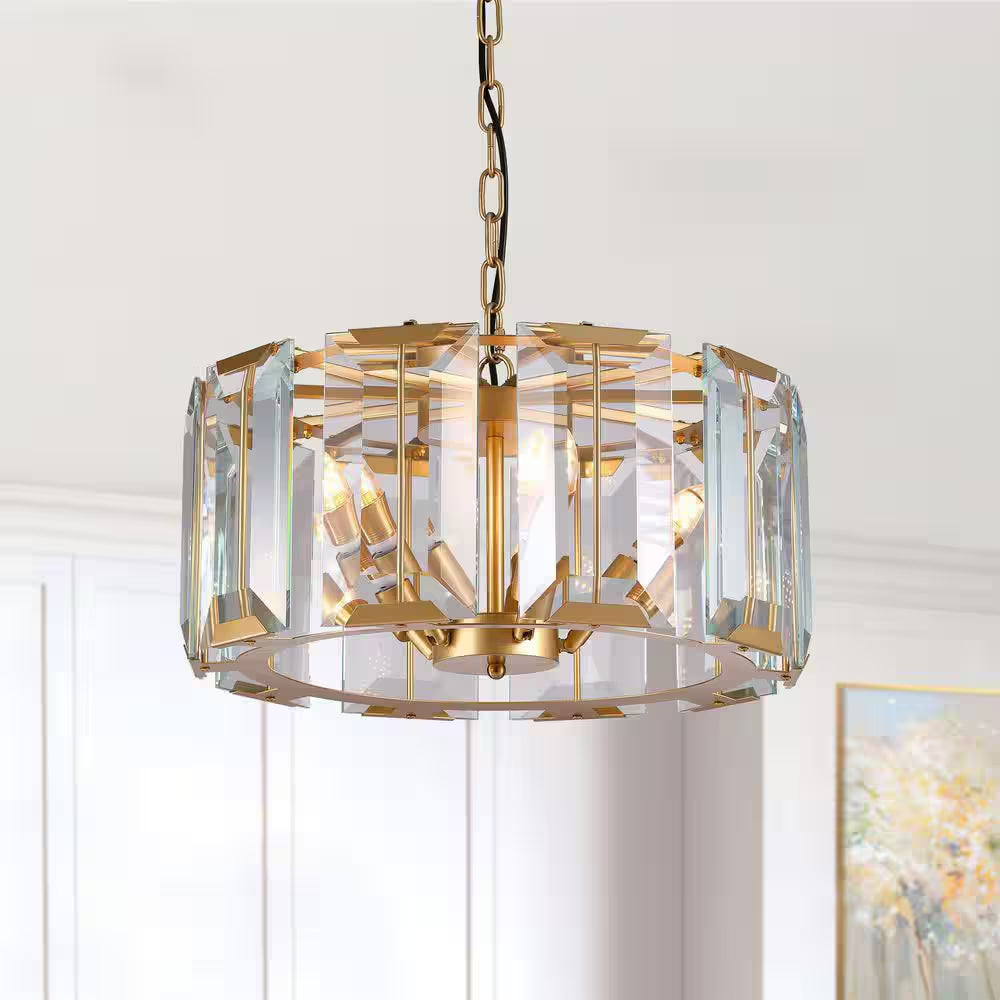 19.7 In. 5-Light Gold Crystal Drum Chandelier Modern Pendant Light for Dining Room, Living Room, Kitchen