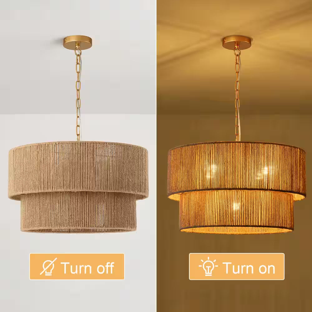 5-Light Yellow Bohemian 2-Tier Hand-Woven Rattan Drum Chandelier