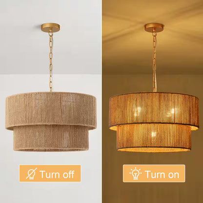 5-Light Yellow Bohemian 2-Tier Hand-Woven Rattan Drum Chandelier