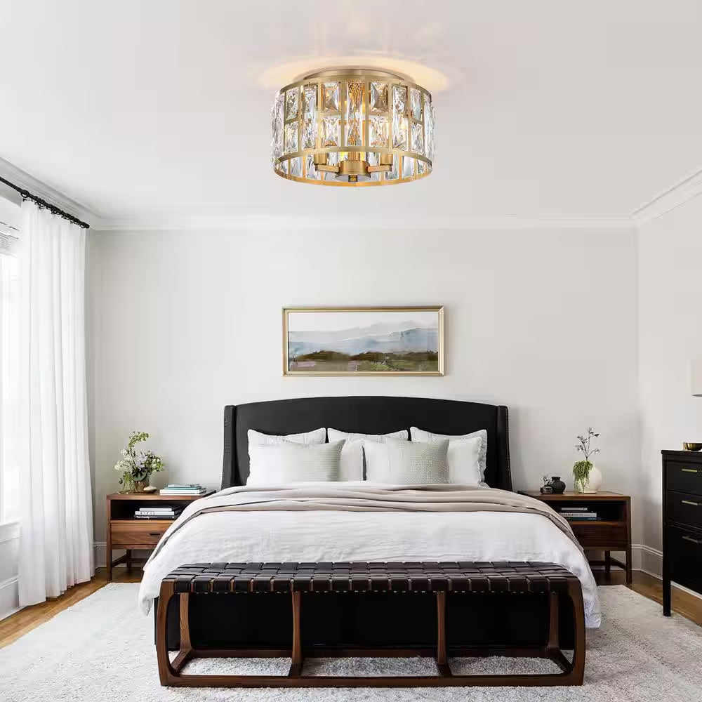 12 In. 3-Light round Modern Gold Drum Flush Mount Ceiling Light with Clear Crystal Shade
