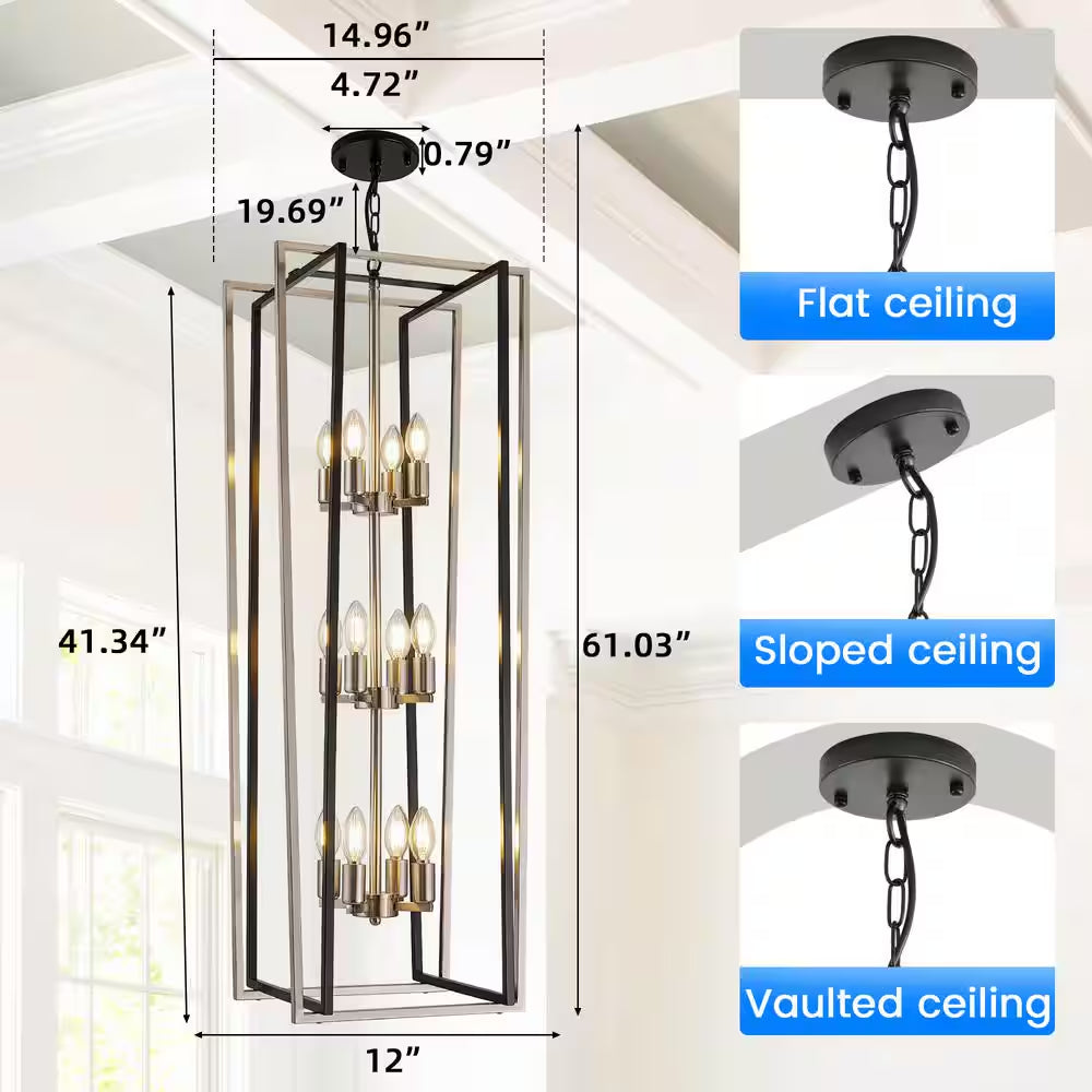 12 Light Modern Chandelier Semi Flush Black and Sliver Ceiling Light Fixture for Dining Room Hallway Entryway Bedroom