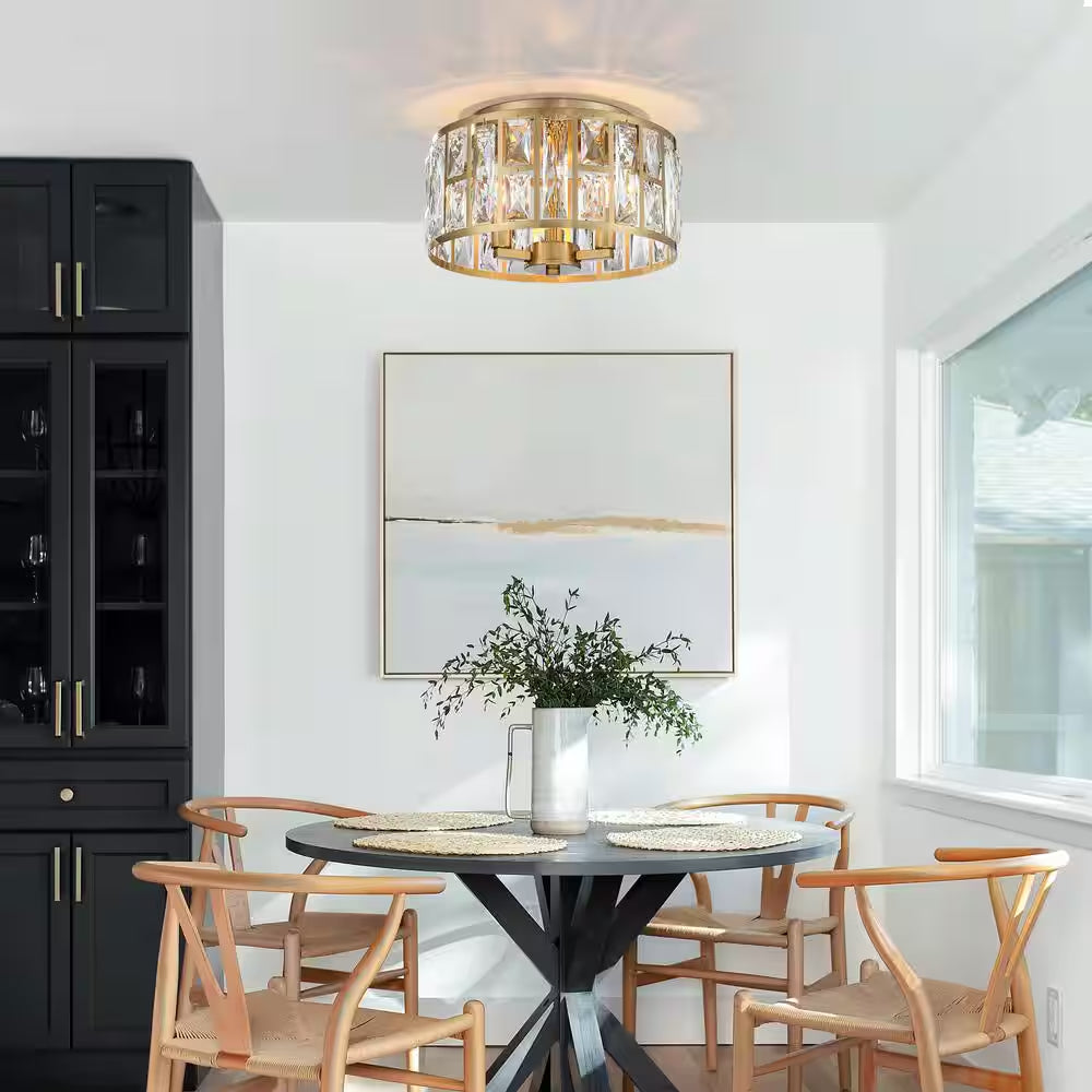 12 In. 3-Light round Modern Gold Drum Flush Mount Ceiling Light with Clear Crystal Shade