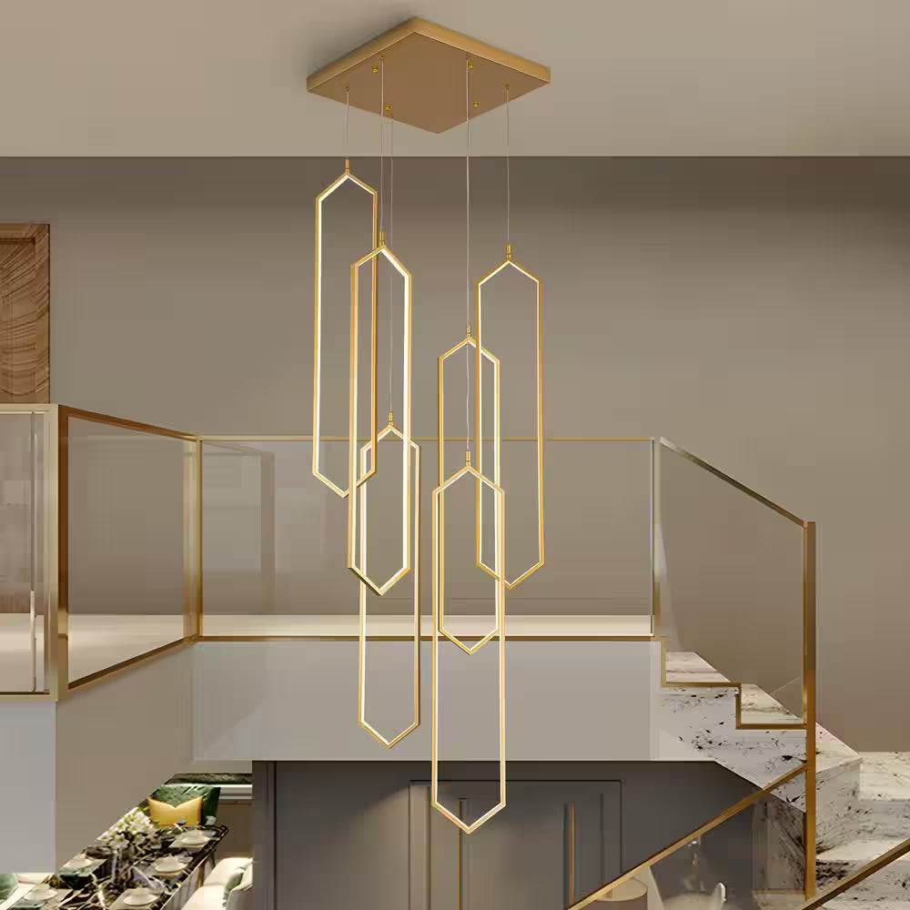 6-Light Modern Dimmable Integrated LED Geometric Gold Chandelier High Ceiling Chandelier for Staircase Foyer Living Room